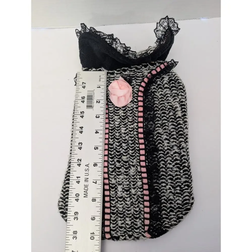 Black And White Knit Dog Sweater Jacket Pink Trim Lace Detail Size 10 Animal Wra